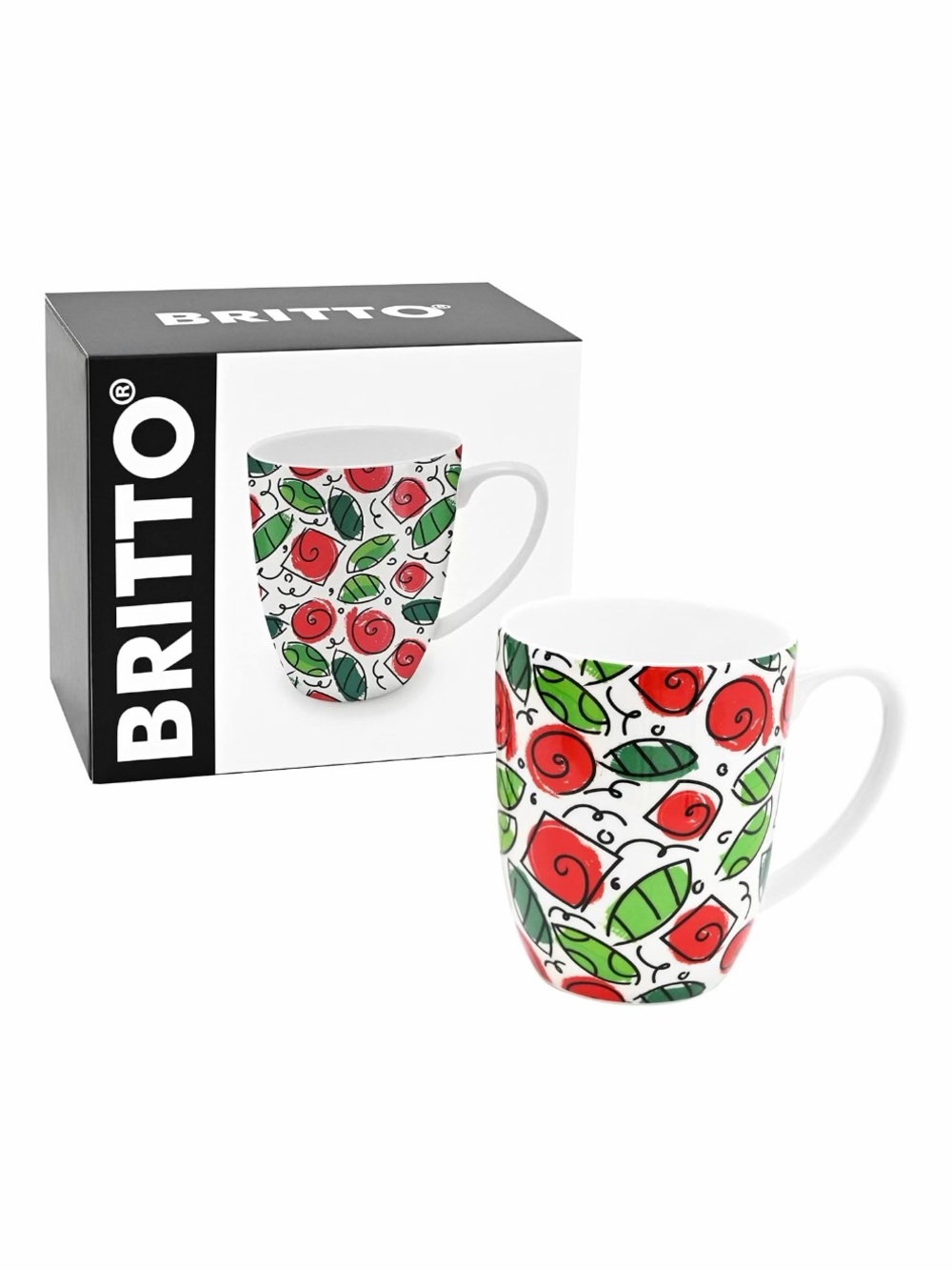 Britto Romero Bone China Coffee Mug with Red Floral and Green Leaf Design